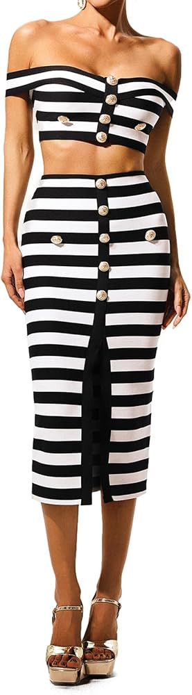 Black Two Piece Skirt Set For Women Striped Knit Skirt Set Sleeveless Off The Shoulder Top Midi S... | Amazon (US)