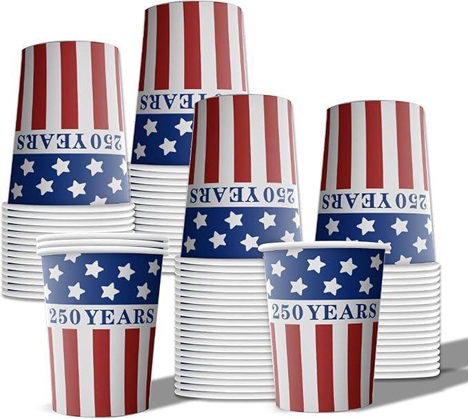 50PCS 250th Anniversary Party Cups, 9oz Red White Blue Star Disposable Paper Cups for 4th of July... | Amazon (US)