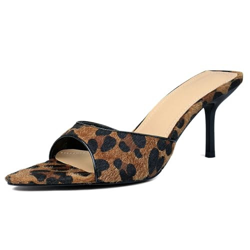 QIV Leopard Kitten Heels Pointed Open Toe Mule Heeled Sandals Size 9.5 | Amazon (US)