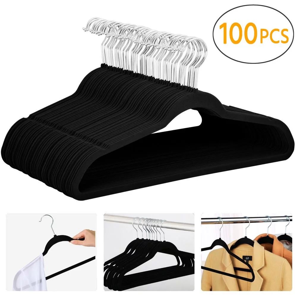 High Weight Capacity Non-slip Velvet Clothes Hangers, Pack of 100, Black | Walmart (US)