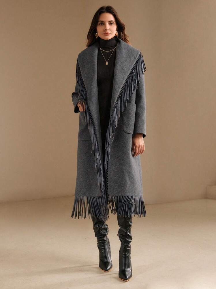 Anewsta Women's Winter Fluffy Collar Grey Jacket With Fringe Trim | SHEIN