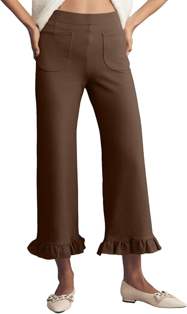 Acelitt Women's Gingham Pants Summer Casual Elastic Waist Straight Leg Ruffle Hem Stretchy Croppe... | Amazon (US)