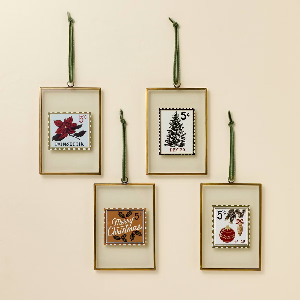 Framed Vintage Stamp Art Christmas Tree Ornaments (Set of 4) - Hearth & Hand™ with Magnolia | Target