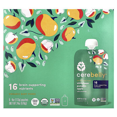 Cerebelly, Organic Baby Puree, White Bean, Pumpkin, Apple with Cinnamon, 6 Pouches, 4 oz (113 g) Each | iHerb