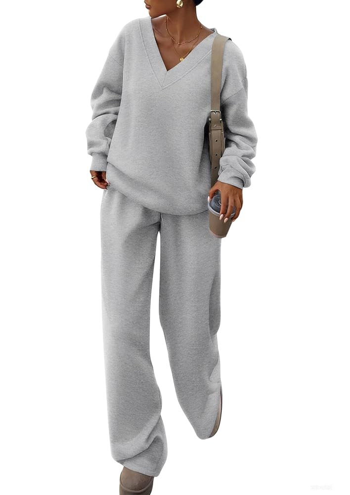 PRETTYGARDEN Casual Winter Two Piece Sets for Women 2025 V Neck Sweatshirt Loose Wide Leg Pants T... | Amazon (US)