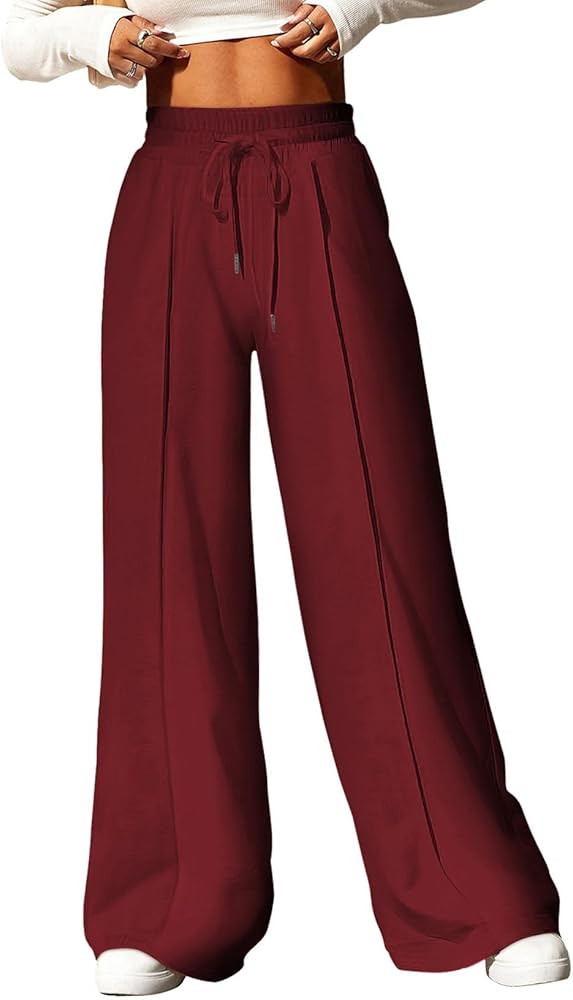 Aleumdr Women's High Waisted Drawstring Waist Wide Leg Sweatpants with Pockets Casual Loose Yoga ... | Amazon (US)