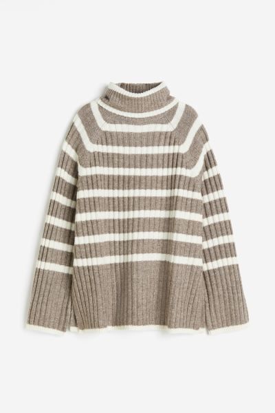 Rib-knit Turtleneck Sweater - Dark beige/striped - Ladies | H&M US | H&M (US)