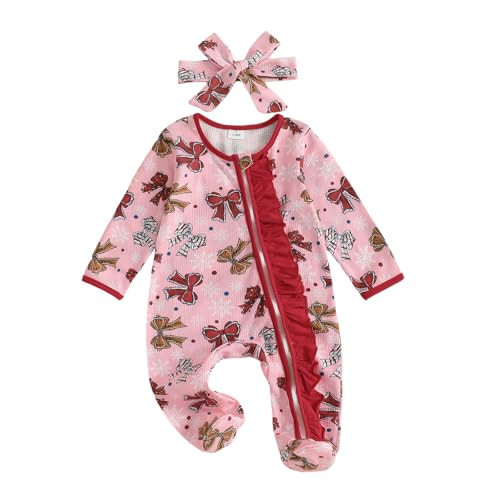 Kuriozud Newborn Christmas Outfit Baby Girl Bow Footie Romper Sleeper with Headband Cute Infant Clothes (Cute Bow Pink, 3-6 Months) | Amazon (US)