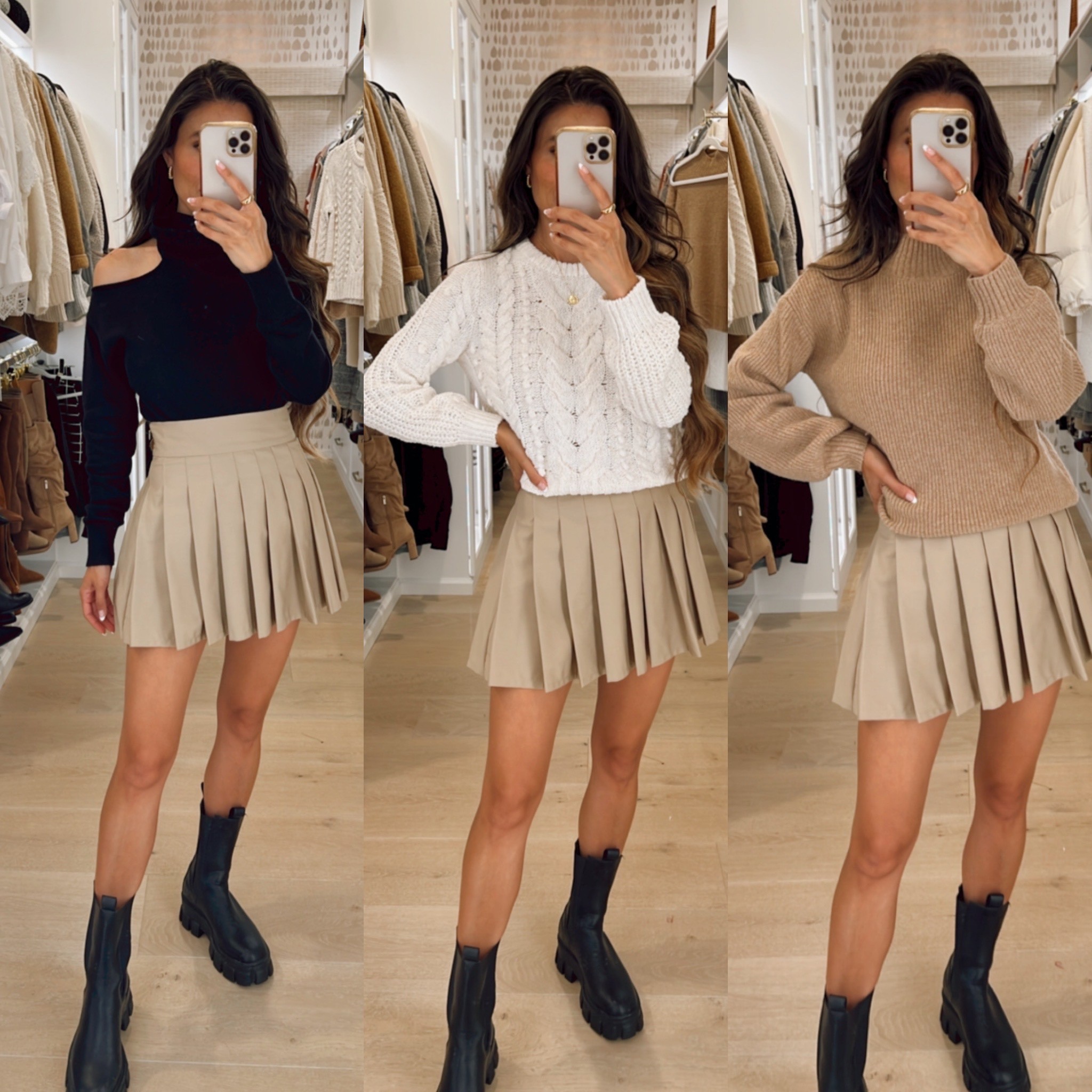 Wearing XS in pleated skirt, cream cable knit sweater, mocha sweater, XXS in black turtleneck sweater, and 8 in my viral boots ✨ Click below to shop! Follow me @interiordesignerella for more exclusive posts & sales!!! So glad you’re here! Xo!!!❤️🥰👯‍♀️🌟 #liketkit @shop.ltk

#LTKHoliday #LTKshoecrush #LTKsalealert