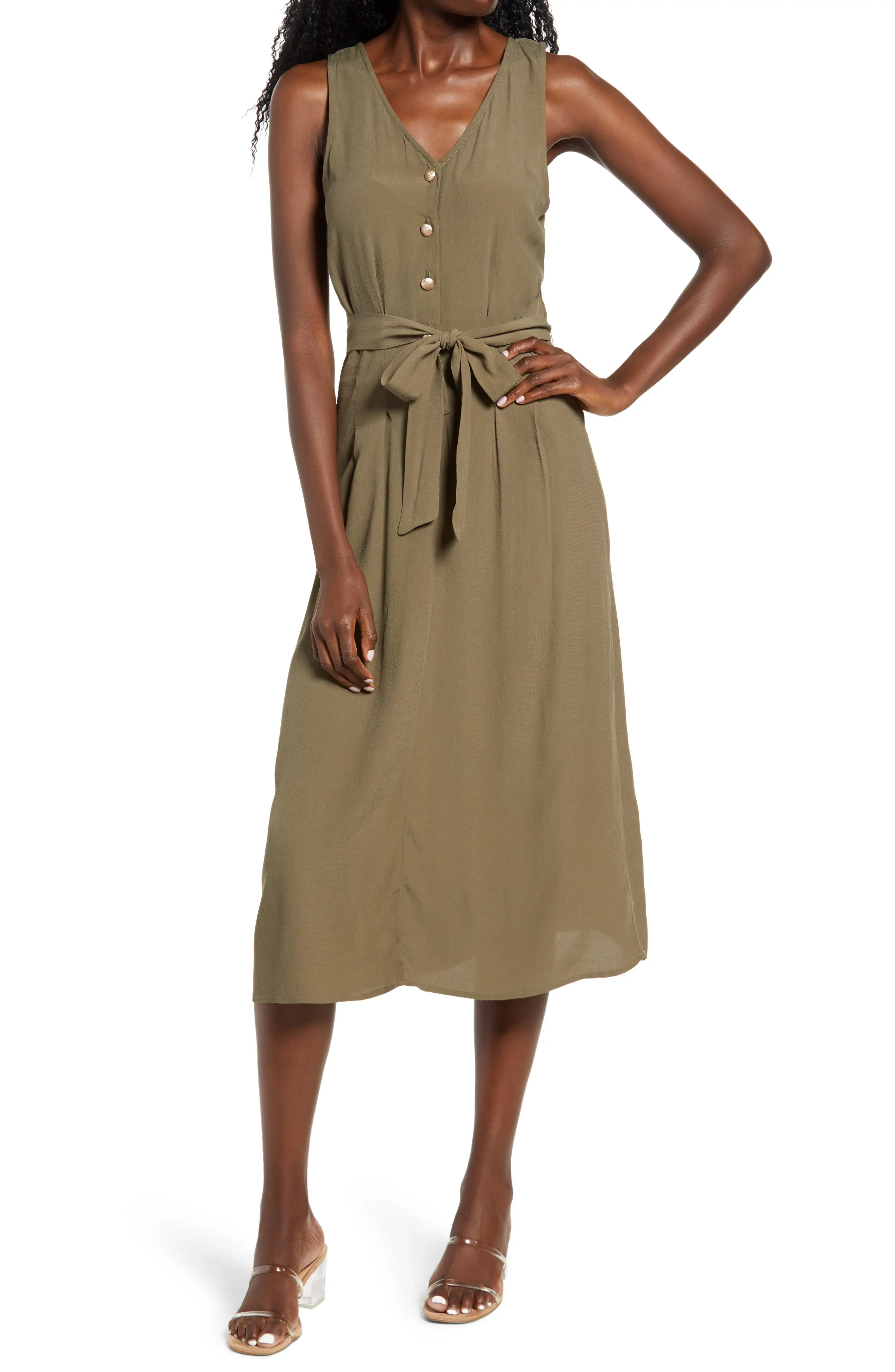 Women's Row A Button Front Midi Dress, Size X-Small - Green | Nordstrom