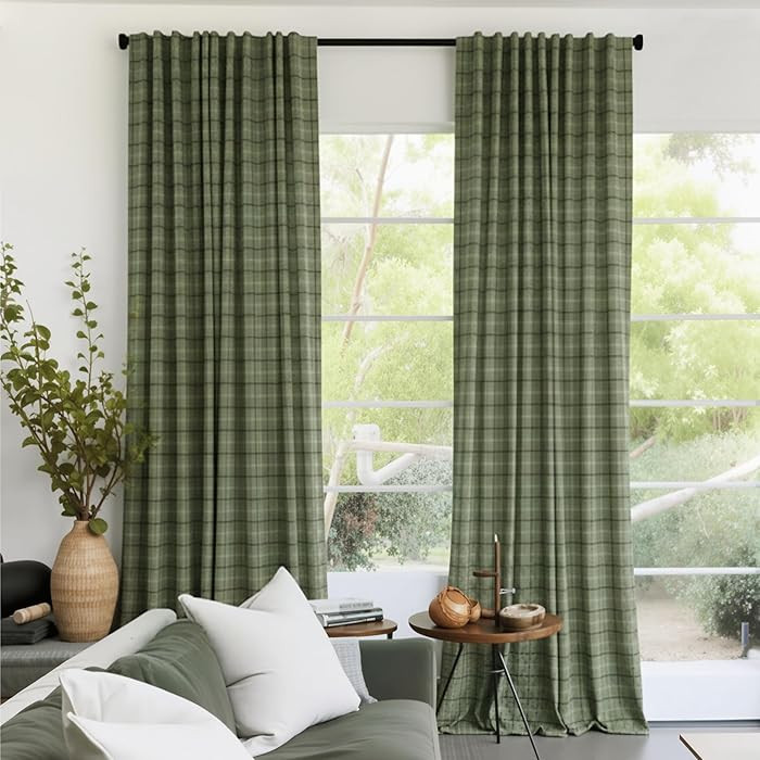RYB HOME Moss Green Plaid Curtains for Living Room Dining Room, Linen Blend Light Filtering Semi-... | Amazon (US)