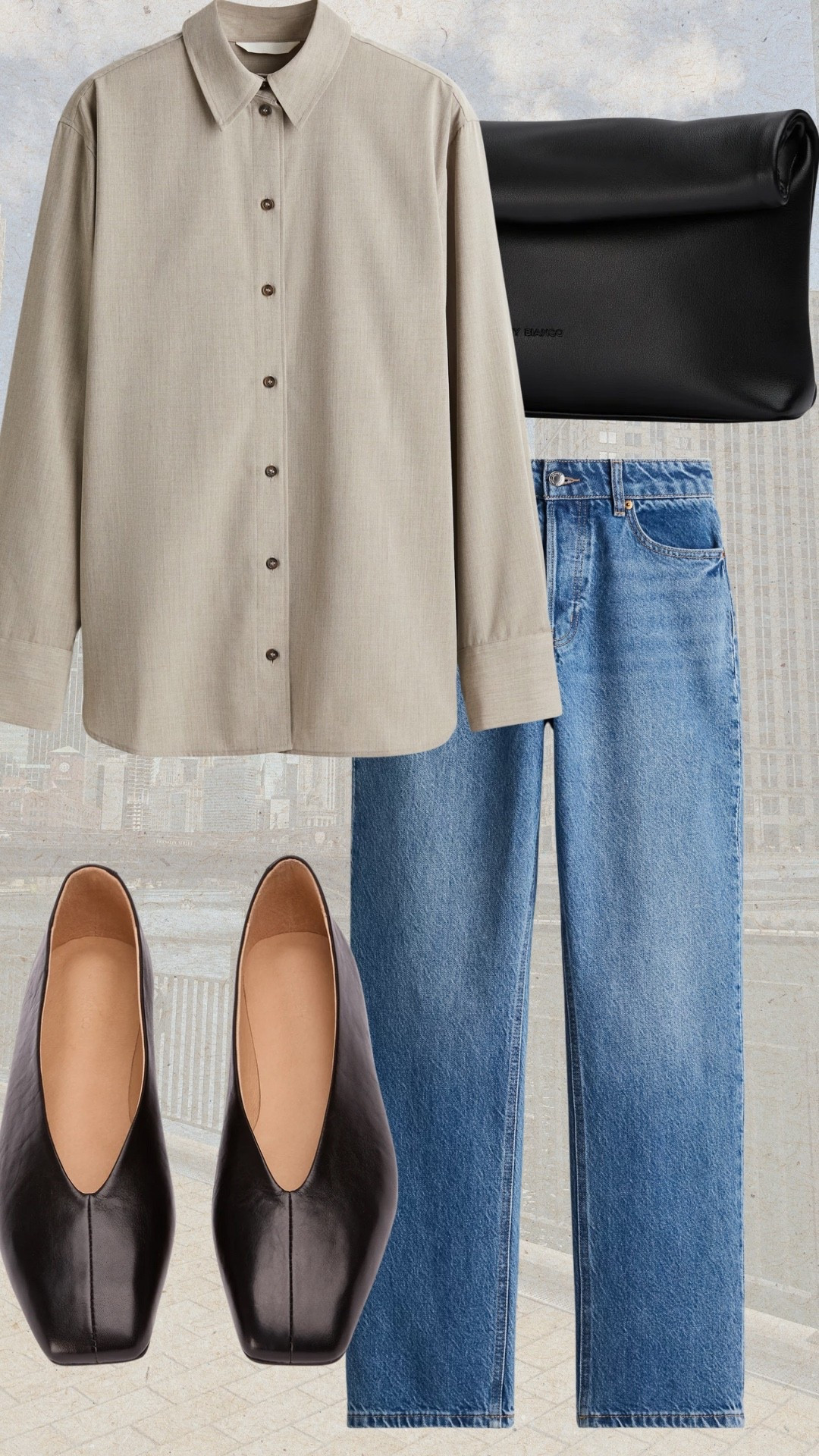 Workwear outfit idea, black flats, black clutch 