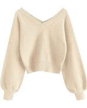 ZAFUL Women's Cropped Sweater V-Neck Long Sleeve Crop Sweater Pullover Jumper Knit Top | Amazon (US)