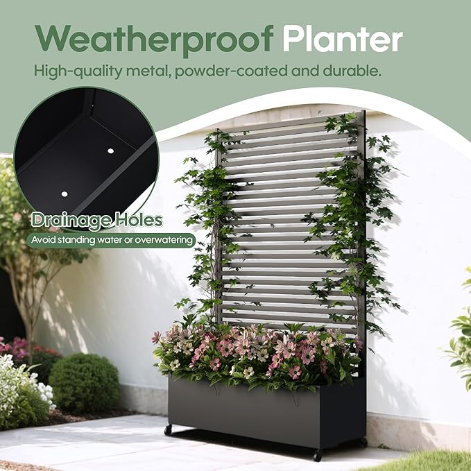 Metal Planter Box with Trellis Privacy Screen, Raised Garden Bed with Trellis & Wheels, Privacy P... | Amazon (US)