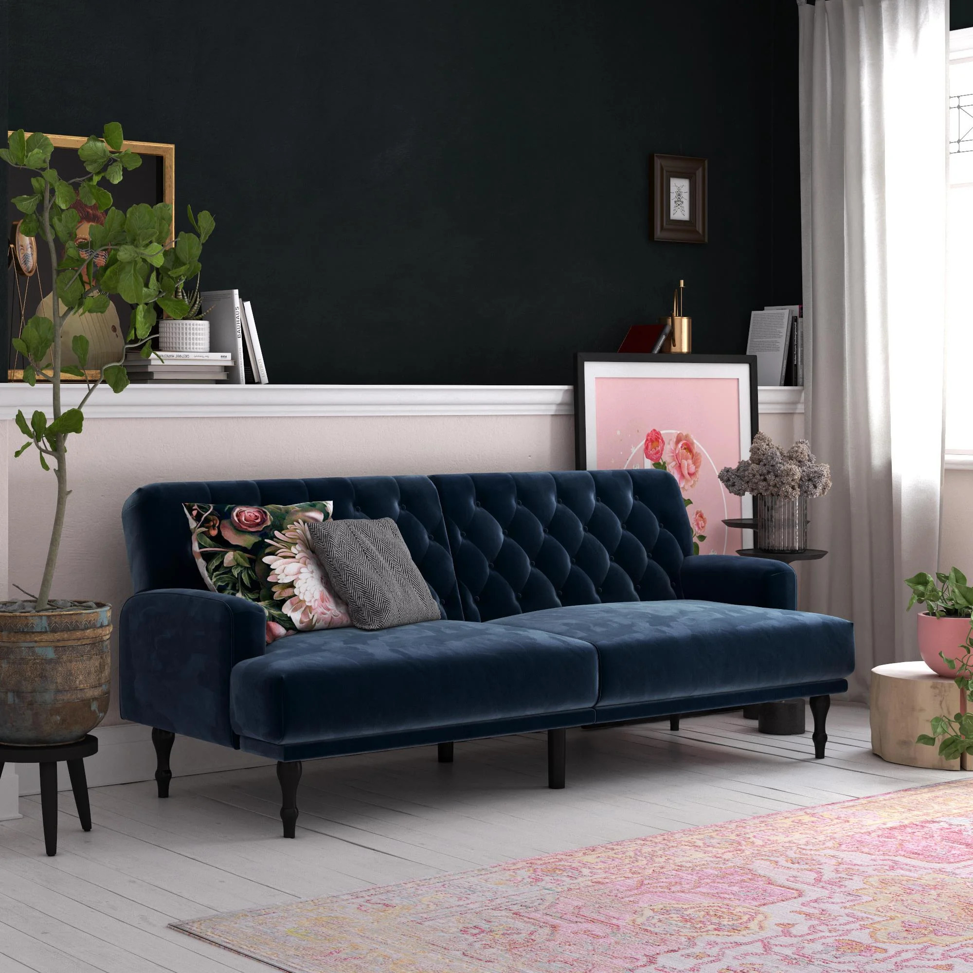 Ember Interiors Ruby Upholstered Futon, Convertible Sofa Bed Couch, Blue Velvet | Walmart (US)