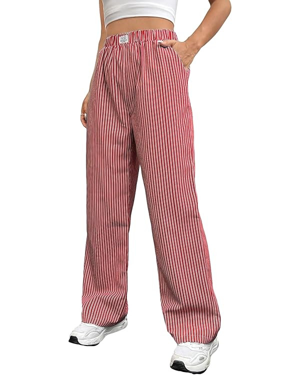 OYOANGLE Women's Straight Wide Leg Trousers Striped Print Letter Patched Detail High Waist Y2K Fa... | Amazon (US)