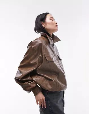 Topshop faux leather bomber jacket in washed brown | ASOS | ASOS (Global)