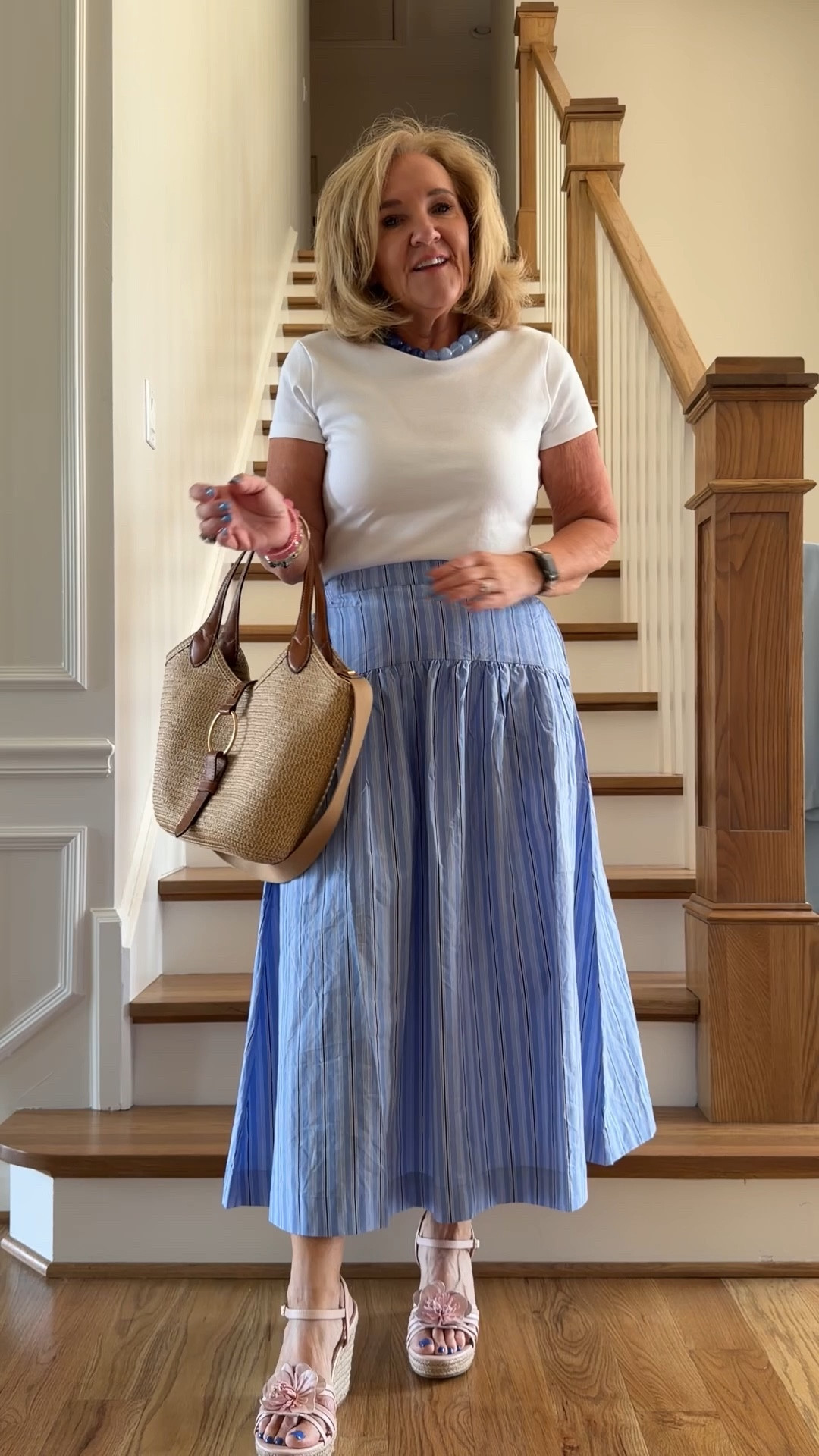 Target skirt I am wearing a small but need a medium stick with your reg  size
White tea I really like the heavier weight and the nice crewneck. I am in a small for a fitted look or you can go true to size.
10% off code for my solurge worthy bag NANETTE
I love these pink floral wedges. You’ll love the price.
20% off bracelets stack code NANETTE20
Spring outfit, Easter outfit, striped skirt, target sale

#LTKSeasonal #LTKOver40 #LTKPetite