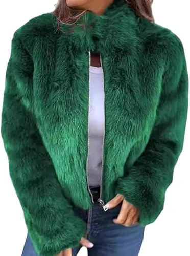 HangXuXuan Women's High Collar Fur Zipper Casual Jacket Winter Fuzzy Cropped Jacket Furry Faux Fur Fleece Warm Coat (Green,X-Large) | Amazon (US)