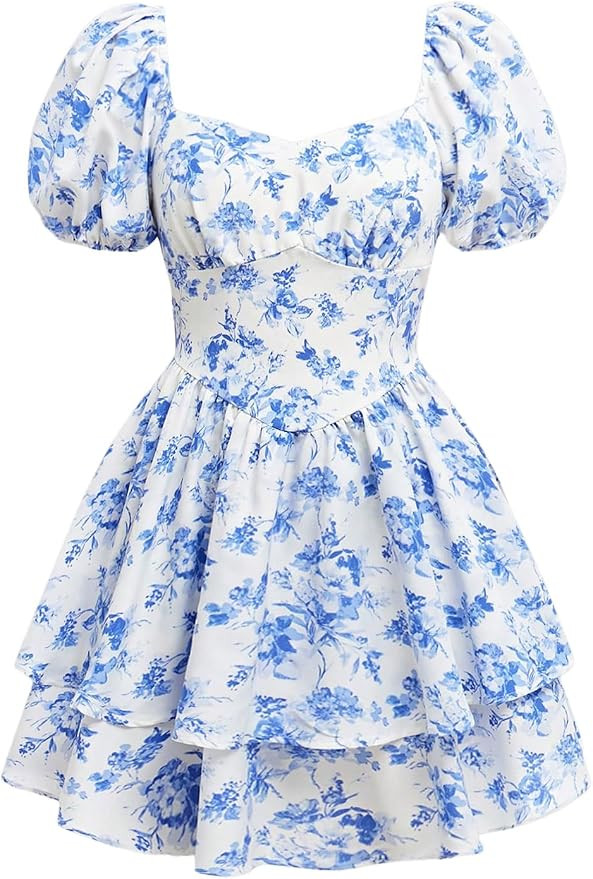 RoseSeek Girl's Floral Summer Dress Layer Ruffle Sweetheart Neck Short Puff Sleeve A Line Casual ... | Amazon (US)