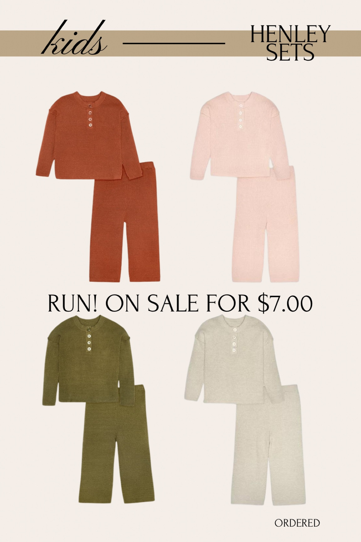 kids Henley two piece set in four colors is on sale right now for only $7! I ordered two to add to the girls Easter baskets 2T and 5T #henley #henleyset #kidshenley #kidsset #kidswalmartfinds #onsale #sale #girls #boys #kidsloungewear #kidslounge #kidsloumgeset #lounge 

#LTKsalealert #LTKkids #LTKbaby