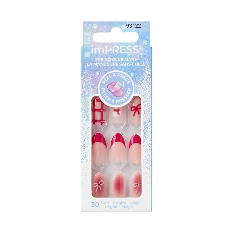 KISS imPRESS Holiday Press on Nails, Design, Yule Be Happy, Pink, Medium Almond, 30 Count | Walmart (US)