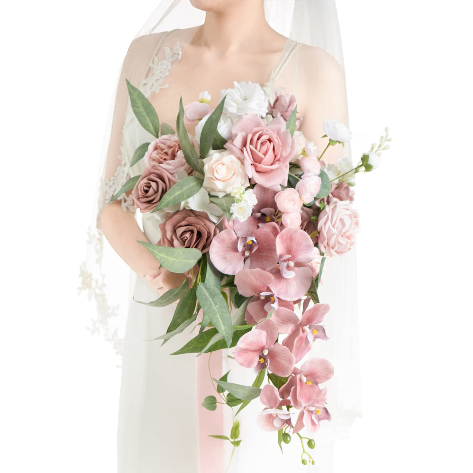 Ling's Moment Dusty Rose Bridal Bouquet Cascading, Pink Wedding Bouquets for Bride, 15 Inch Bride... | Amazon (US)