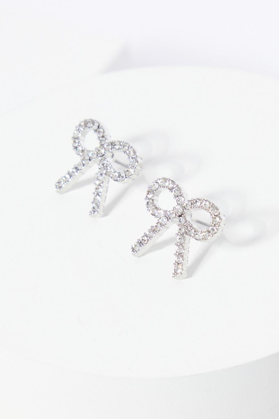 Silver Diamante Bow Earrings | Quiz Clothing (UK)
