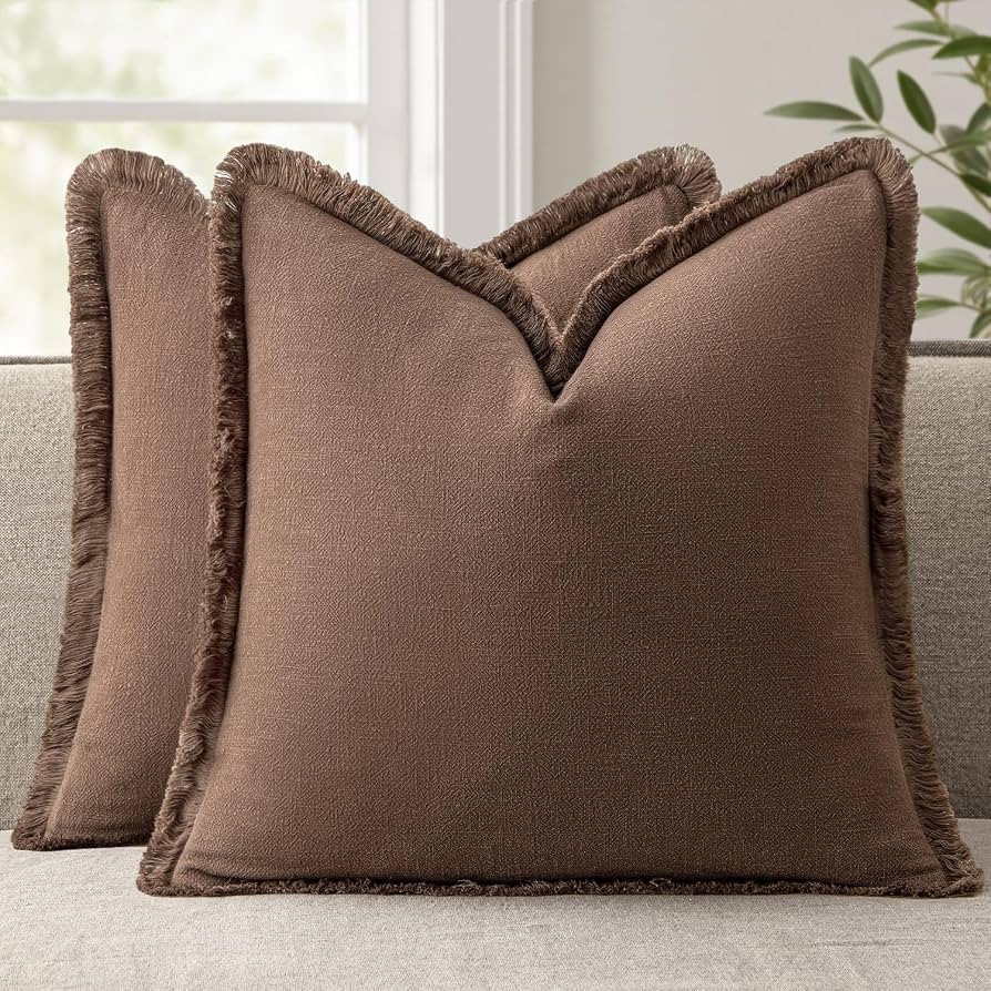 ANRODUO Set of 2 Decorative Throw Pillow Covers 20\u00d720 Inch Soft Linen Fringe Farmhouse Boho ... | Amazon (US)