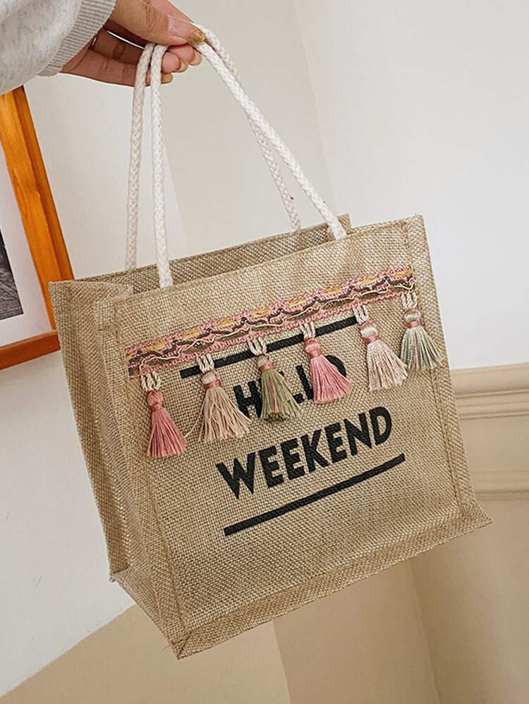 Letter Graphic Tassel Decor Square Bag | SHEIN