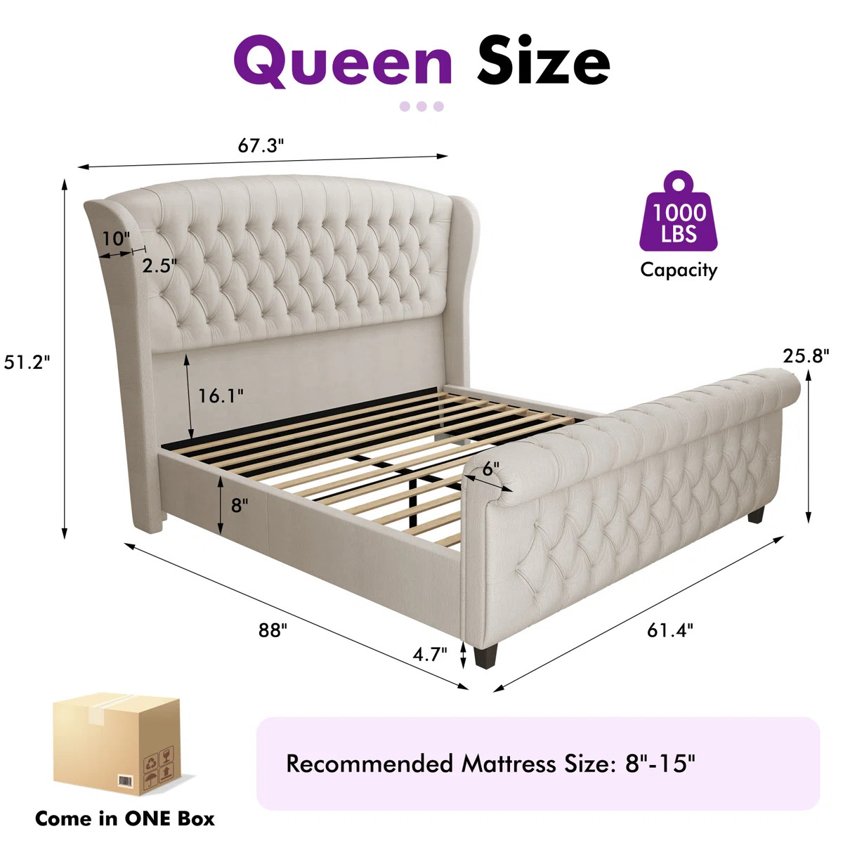Dulane Chenille Upholstered Sleigh Queen Bed with Scroll Wingback Headboard, Cream | Wayfair North America