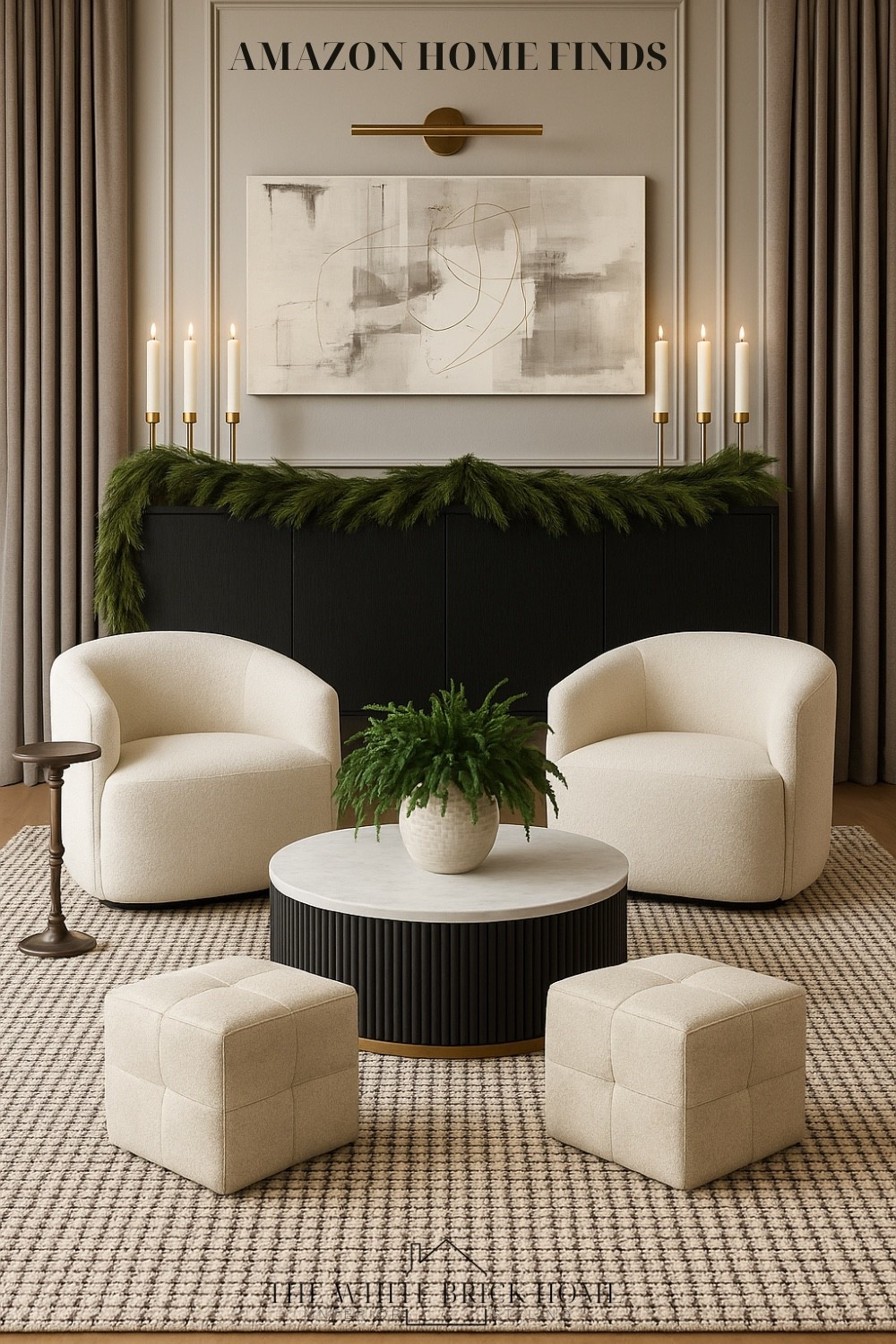 This elegant Amazon sitting room blends modern comfort with timeless sophistication. With cozy bougie chairs and a sleek black buffet, it has a luxurious and inviting feel. 

🖤🖤

Amazon, Amazon home, Amazon furniture, Amazon decor, Amazon home finds, accent chair, buffet cabinet, media cabinet, frame tv, candle holders, ottoman, drink tables, faux greenery, home decor, home design, sitting area, sitting room, living room, living room furniture, living room decor, living room ideas, ottomans, coffee table, round coffee table, garland; frame tv, curtains, area rug, living room design, Amazon living room 


#LTKFindsUnder100 #LTKSeasonal #LTKHome