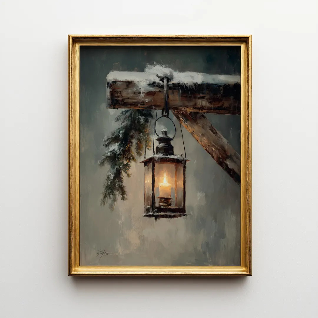Vintage Lantern in Winter Snow - Rustic Christmas Oil Painting, Moody Antique Holiday Wall Art, P... | Etsy (US)