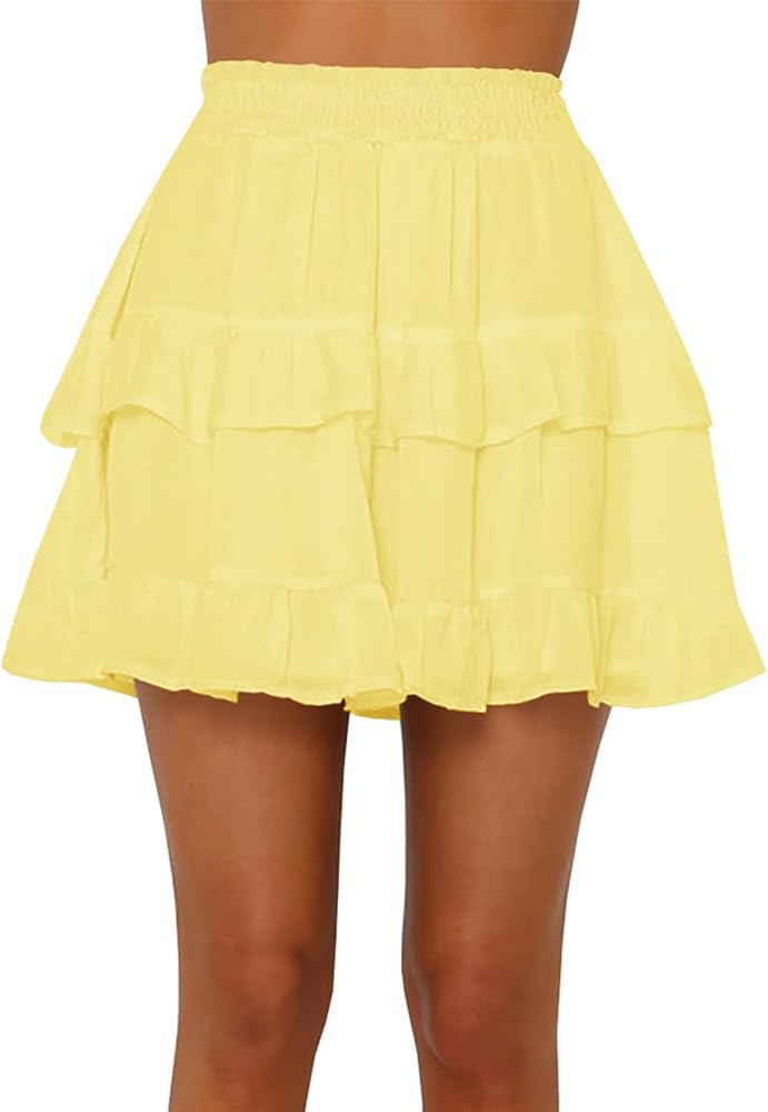 Women's Tiered Ruffles Flared Mini Skirt Casual Boho Flowy Pleated Swing Beach Stretchy High Wais... | Amazon (US)