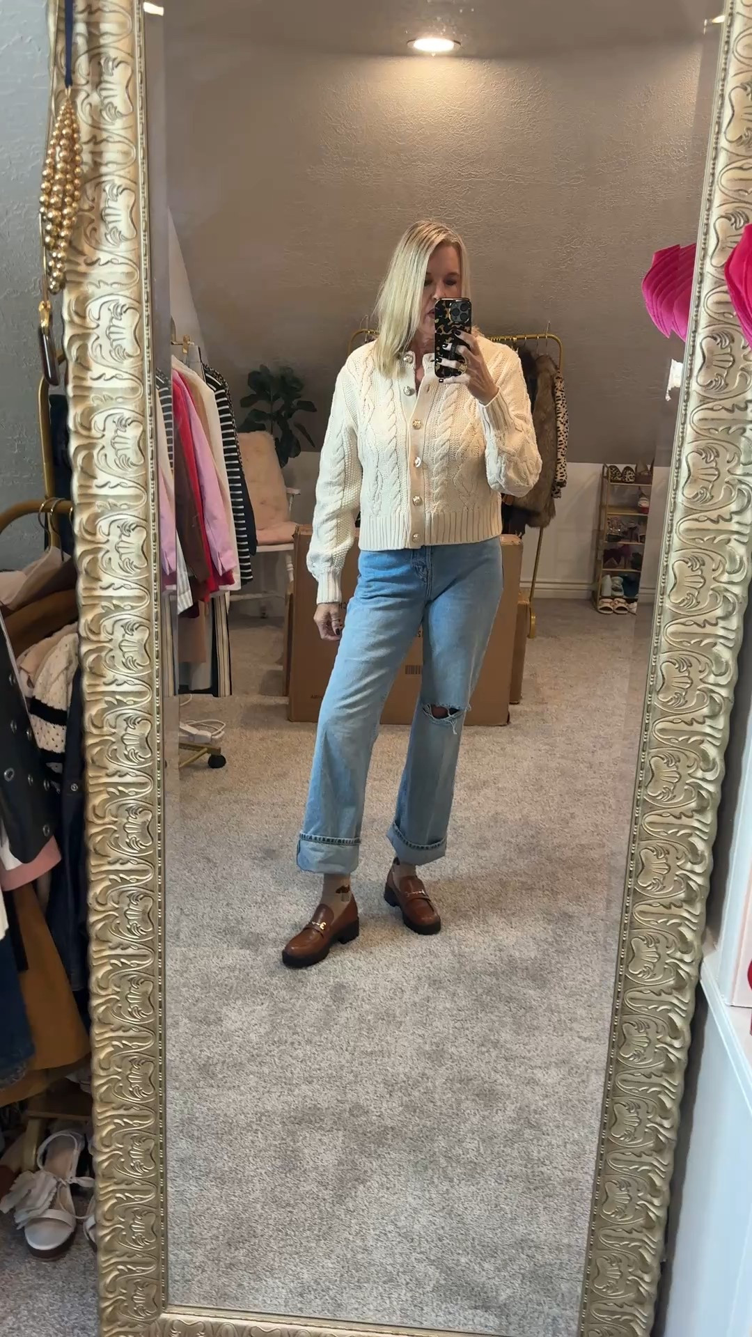 classic Fall outfit

Cable knit cropped cardigan sweater with gold buttons affordable find, fits tts 

Free people jeans straight leg, with one knee distressed slit high waisted  I sized up 1 size  $79

Great affordable loafers , that are so comfortable tts 

Teddy bear socks, sold in a set of 5 very Ralph Lauren vibe

#LTKFindsUnder50 #LTKStyleTip #LTKootd