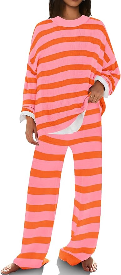 SENSERISE Womens Lounge Sets Oversized Sweater Set Striped Long Sleeve Tops and Pants Pajamas wit... | Amazon (US)