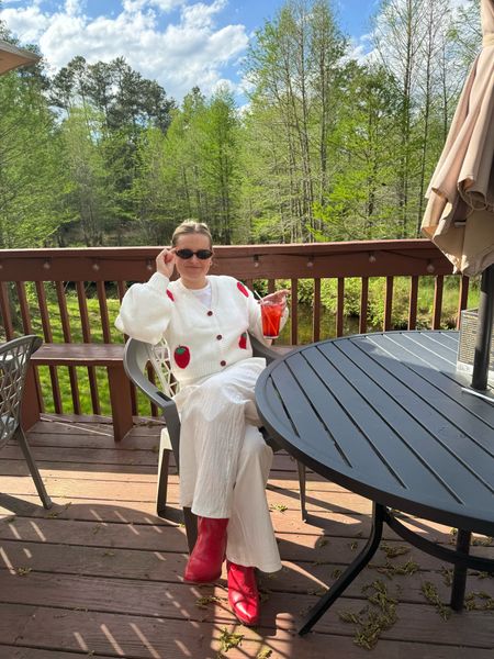 Strawberry cardigan, white linen pants, amazon outfit, spring outfit, vacation outfit, oval sunglasses, cowboy boots, red boots 

#LTKshoecrush #LTKfindsunder50 #LTKparties