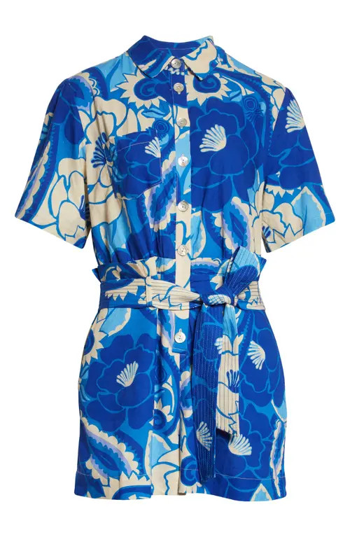 FARM Rio Tropical Groove Linen Blend Romper in Tropical Groove Blue at Nordstrom, Size X-Large | Nordstrom