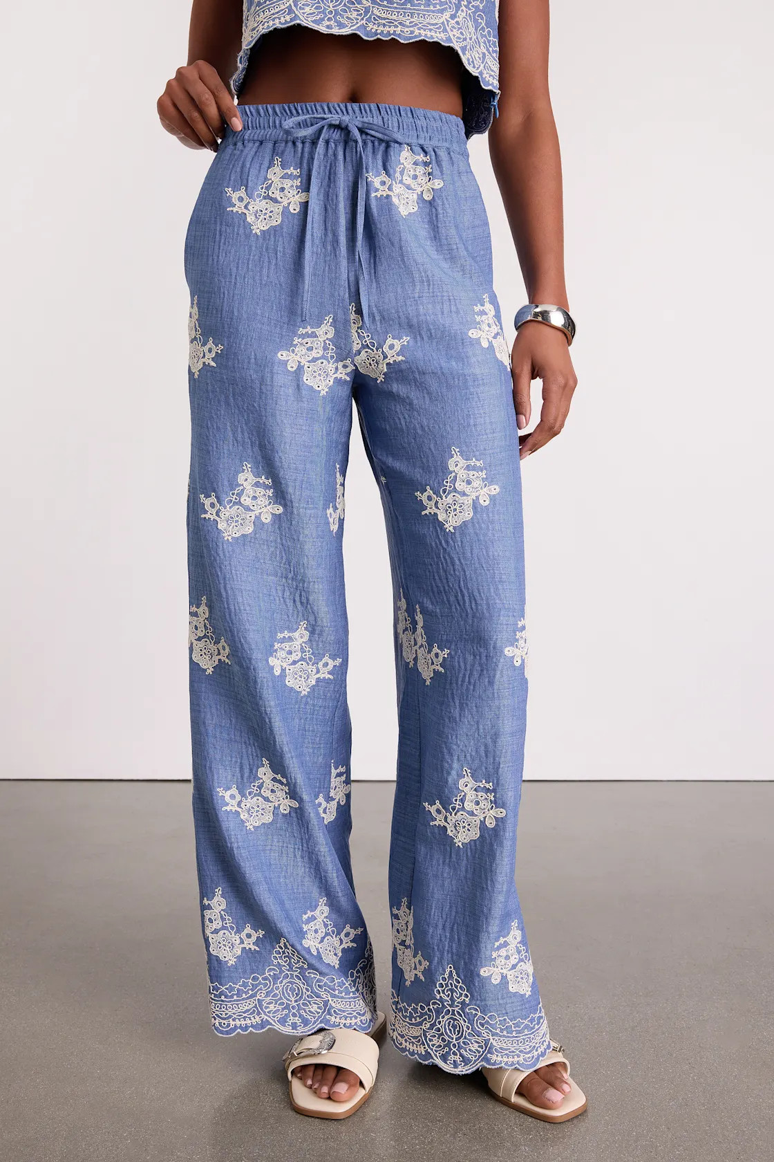 Havana Blue Embroidered Drawstring Wide-Leg Pants | Lulus