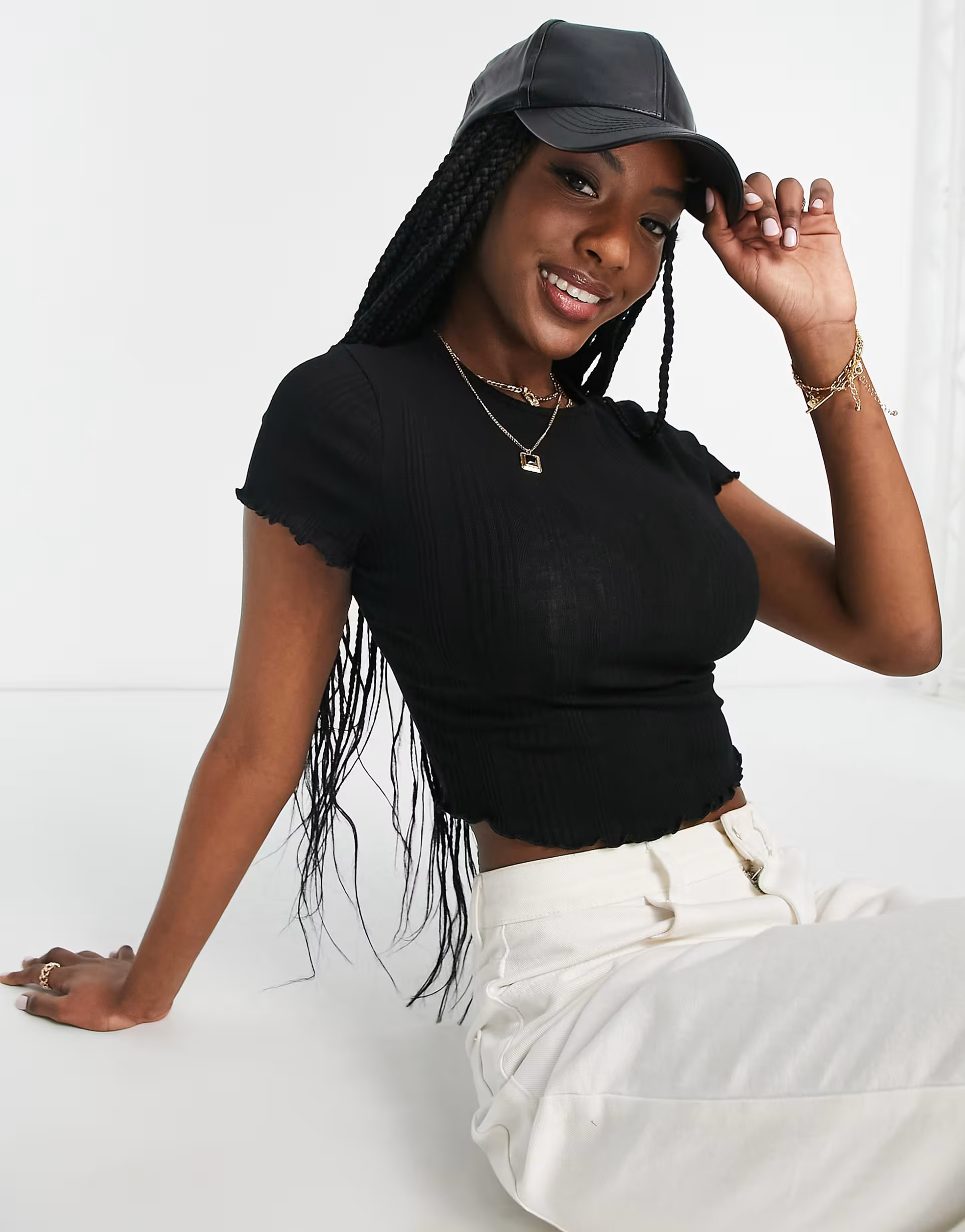 ASOS DESIGN Hourglass slim fit t-shirt with lettuce edge in mixed rib in black | ASOS (Global)