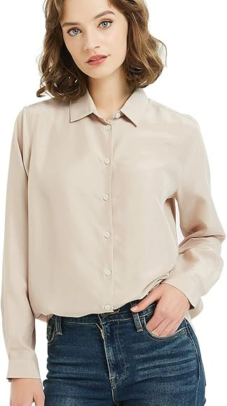 Women's 100% Silk Button V Neck Down Long Sleeve Blouse Ladies Office Work Shirts Tops | Amazon (UK)
