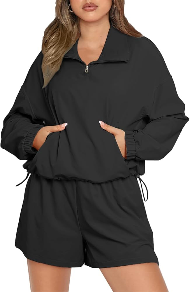 Aleumdr Women's 2 Piece Outfits Sweatsuit Pullover Tracksuit Set Half Zipper Sweatshirt & Shorts ... | Amazon (US)