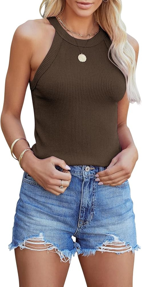 siliteelon Womens Halter Top Sleeveless Crew Neck Casual Basic Ribbed Fitted Tank | Amazon (US)
