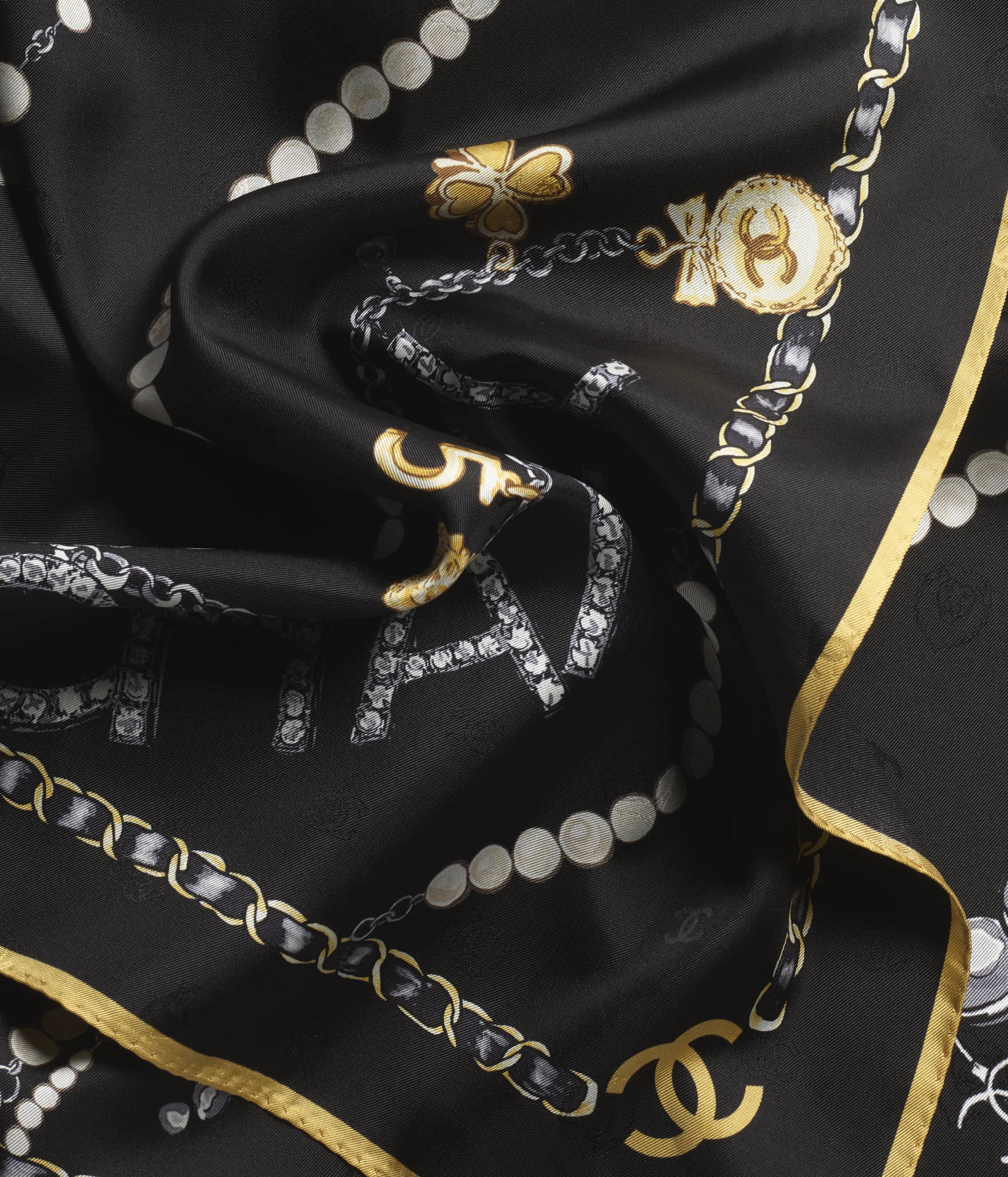 Square scarf - Silk jacquard, black, gray, white & gold — Fashion | CHANEL | Chanel, Inc. (US)
