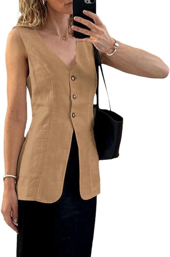 2024 Fall Long Linen Vest Blazer Y2K Lightweight Fashion Casual Top V-Neck Button Fully Lined Wor... | Amazon (US)