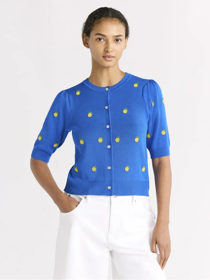 Free Assembly Women's Beaded Cardigan Sweater with Puff Sleeves, Lightweight, Size XS-XXL | Walmart (US)