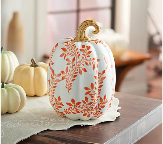 8.5" Ceramic Toile Pumpkin by Valerie Orange Blue - QVC.com | QVC