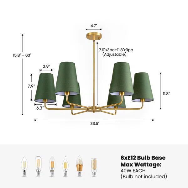6-Light Dimmable Classic / Traditional Chandelier With Tapered Green Linen Fabric Shades | Wayfair North America
