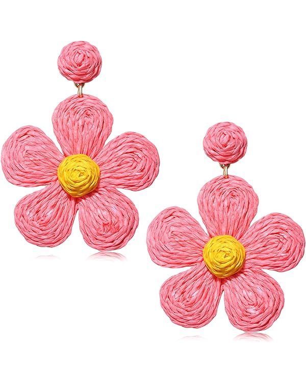 Rattan Earrings for Women Statement Boho Raffia Straw Wrapped Flower Drop Dangle Earrings Summer ... | Amazon (US)