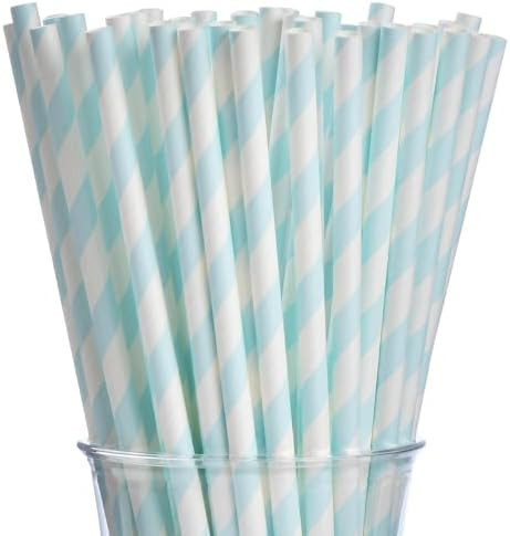 ALINK 100 Light Baby Blue and White Striped Paper Straws, Biodegradable Disposable Drinking Straw... | Amazon (US)